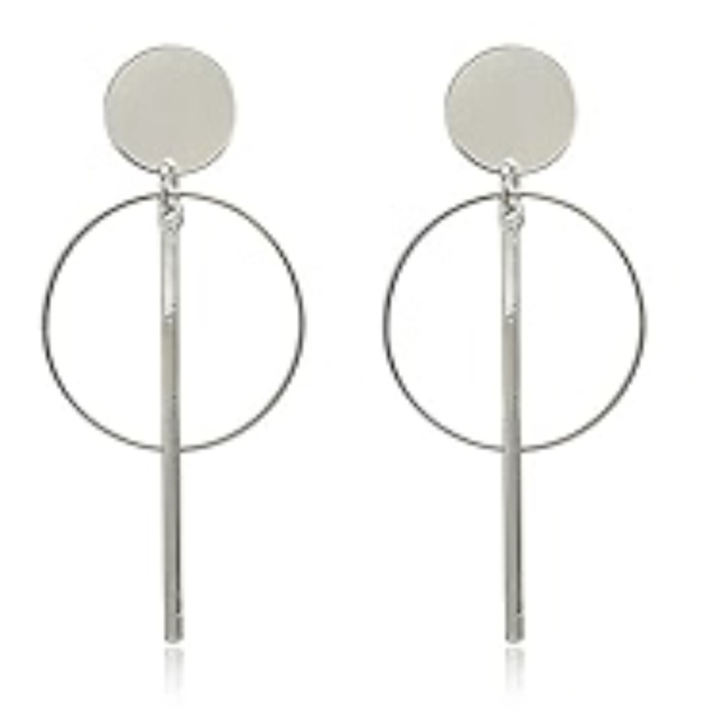 New! Modern Geometric Silver Dangle Earrings - Circle Bar Statement Jewelry — image 2 of 8